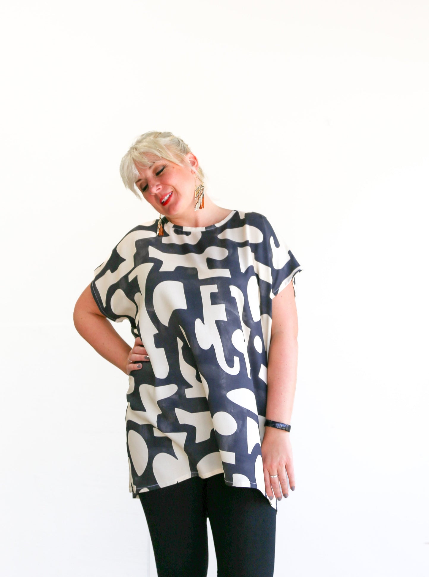 Sheila Tunic Top -Cream & Charcoal Print