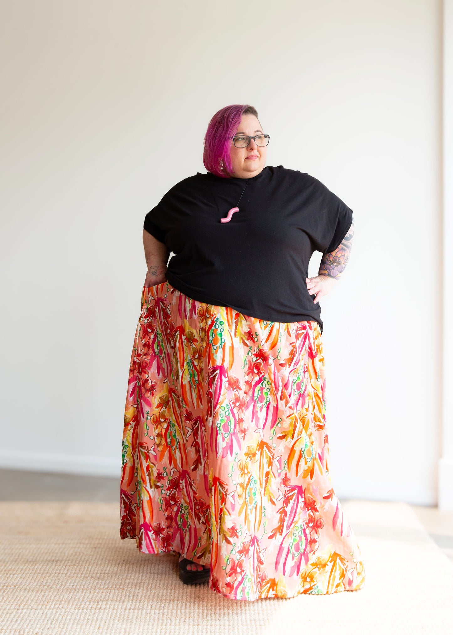Lesley Long Skirt -Linen -Pink Print -D