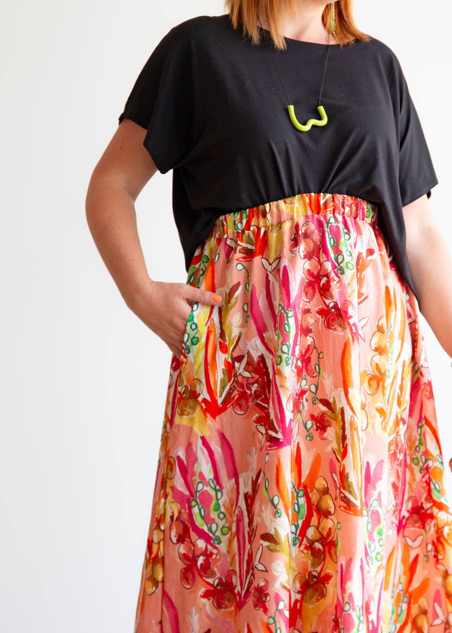 Lesley Long Skirt -Linen -Pink Print