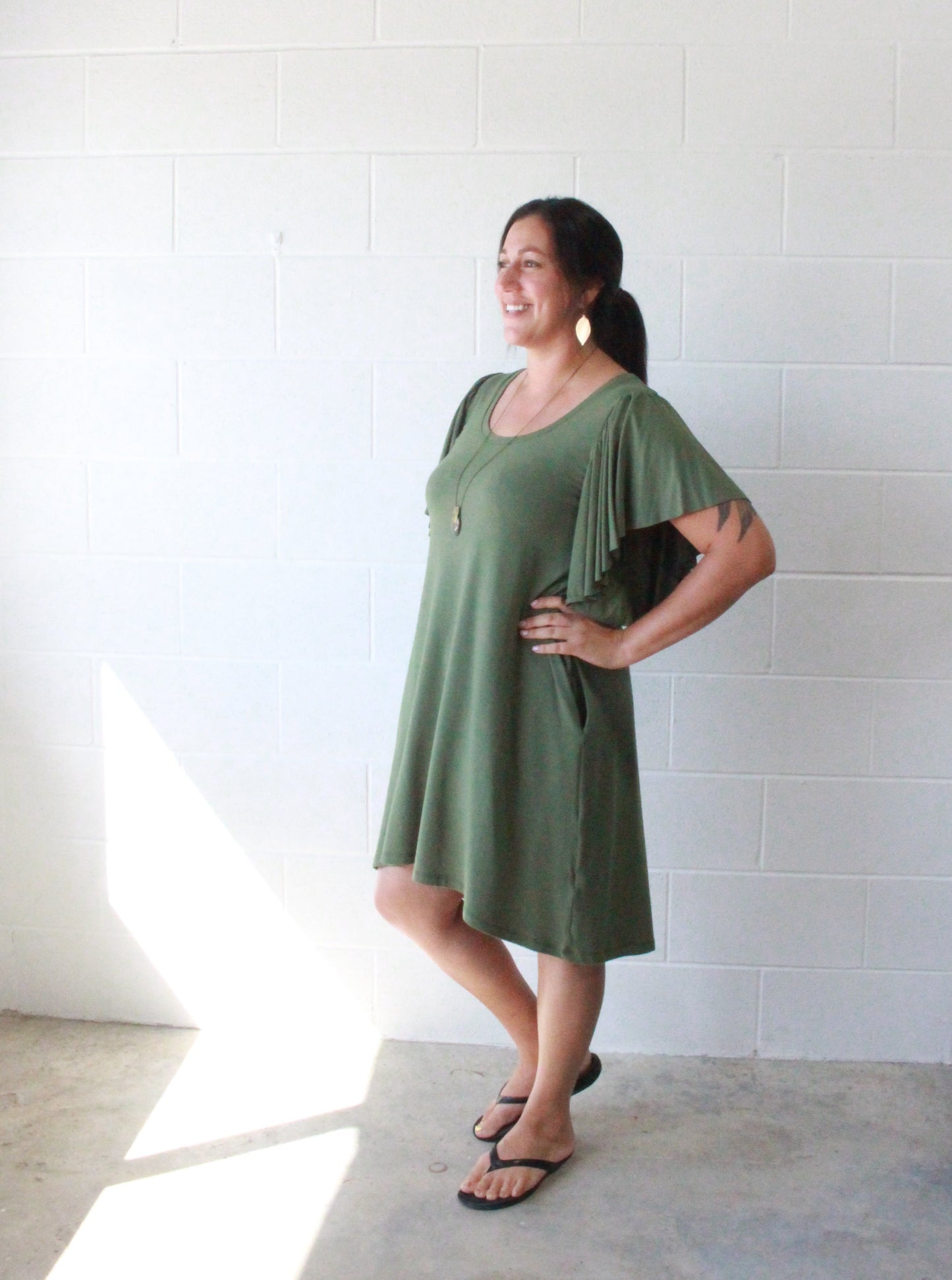 Rosie Ruffle Sleeve Dress -Moss -A