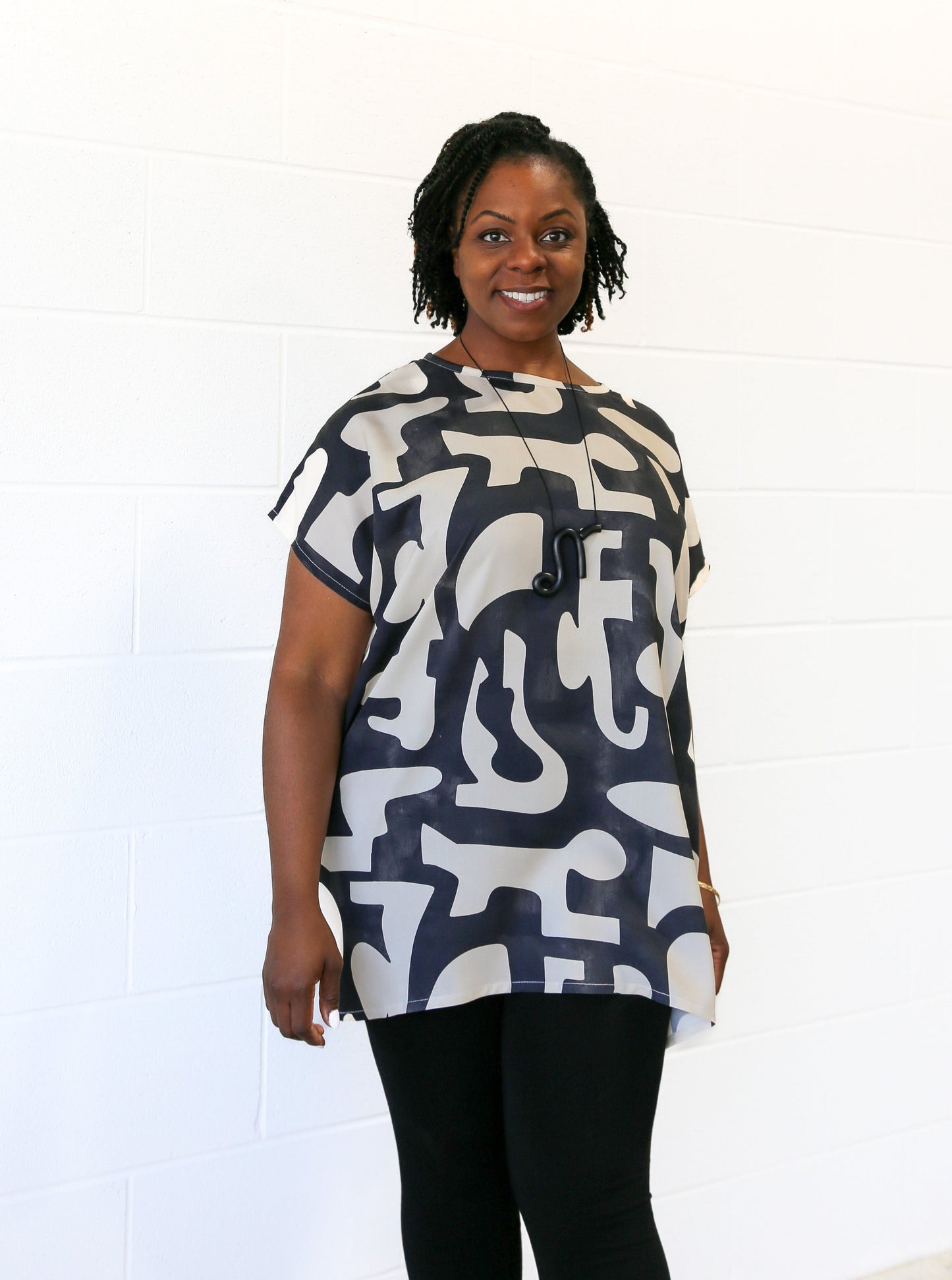 Sheila Tunic Top -Cream & Charcoal Print