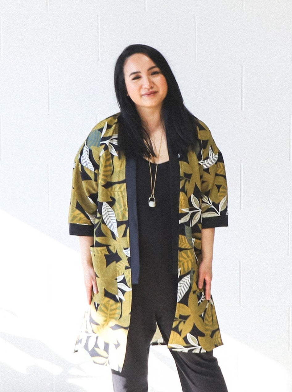 Eva Long Jacket -Leaf Print