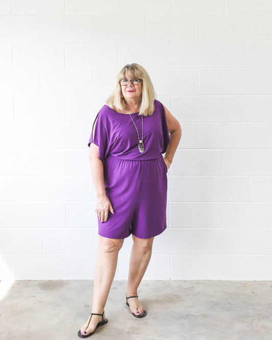 Flutter Sleeve Romper- Violet 3X & 4X
